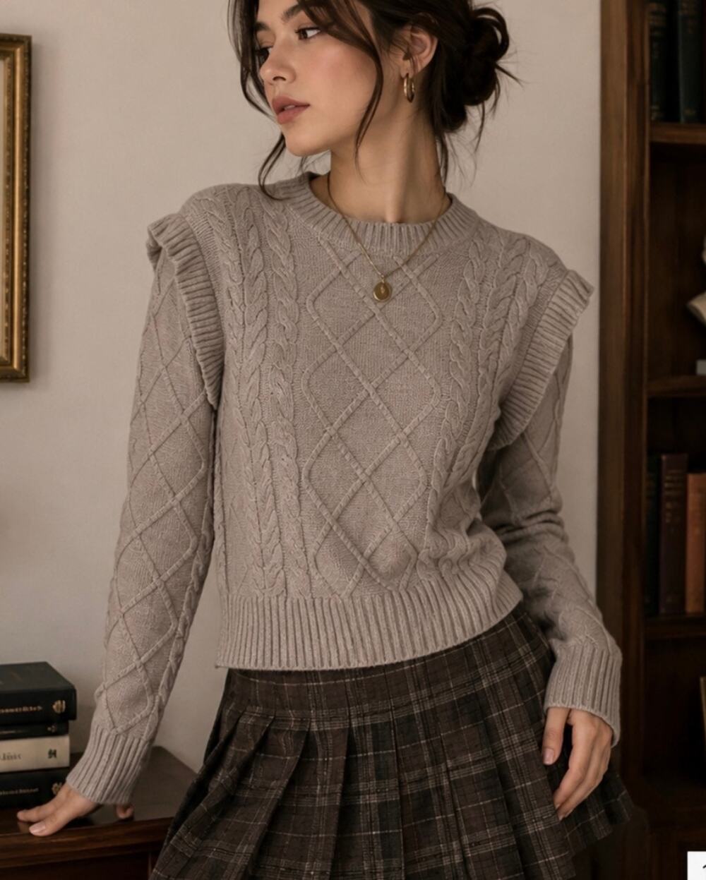 Raya cable knit sweater with ruffles sleeve stretch coquette feminine preppy S